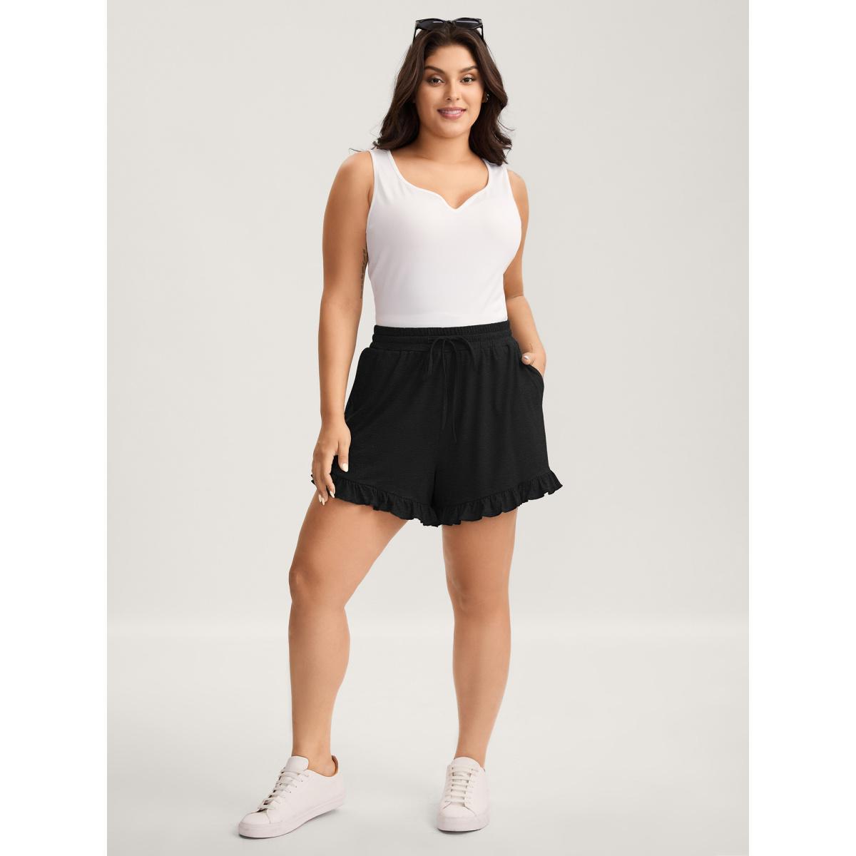 Plus Size Supersoft Mixed Color Knit Drawstring Ruffled Shorts Women Black Casual Drawstring Wide Leg Everyday-Casual Shorts BloomChic 26/4X Product Image