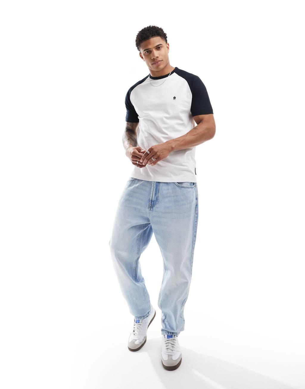 French Connection raglan t-shirt in white & navy Product Image