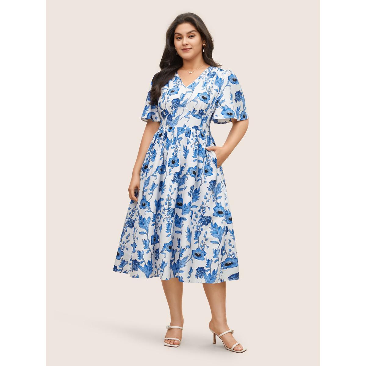 Plus Size Floral Pocket Shirred Elastic Waist Dress White Women Elegant Non V-neck Short sleeve Curvy Midi Dress BloomChic 30/6X Product Image