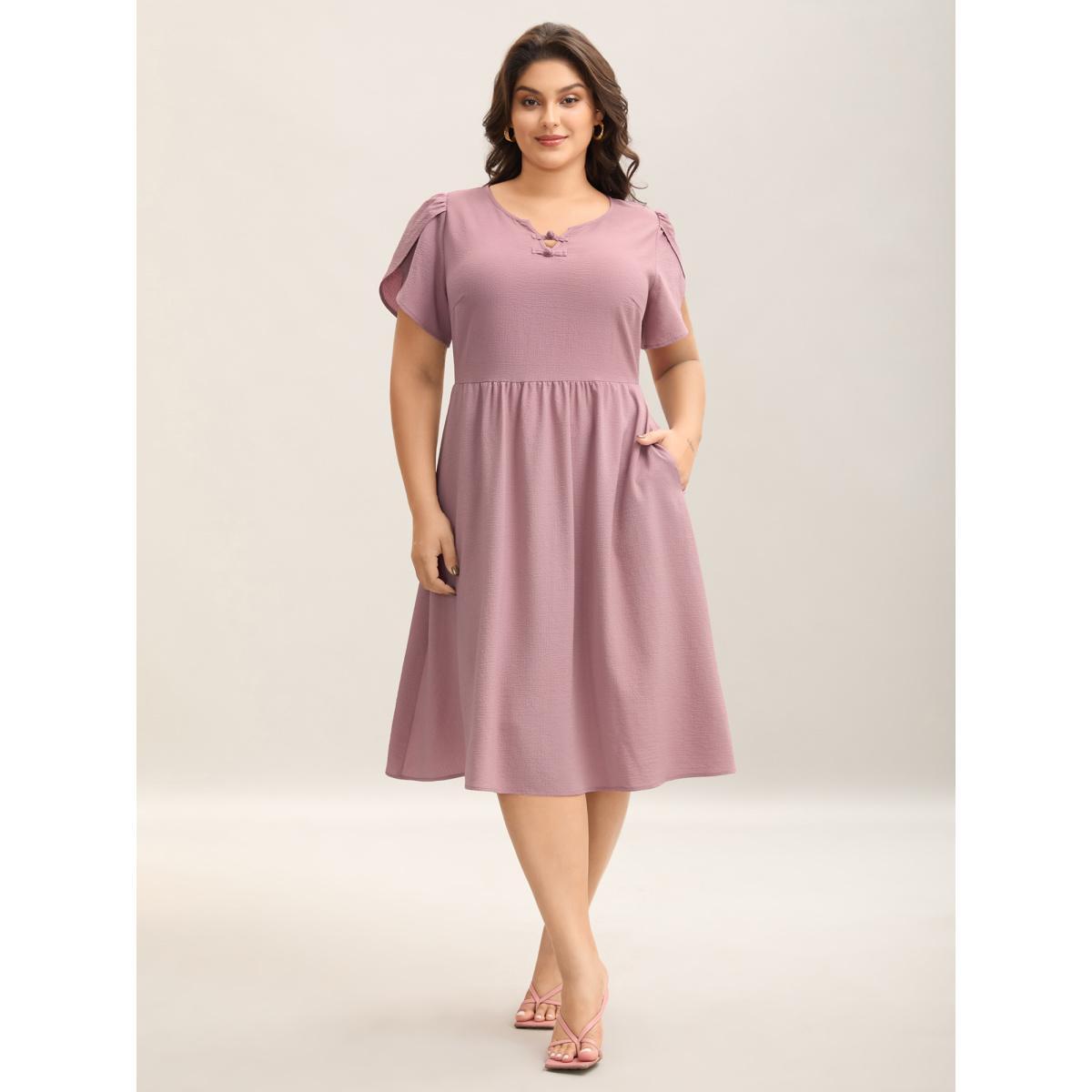 Plus Size Textured Split Neck Button Plain Midi Dress Heather Women Notched collar Short sleeve Curvy BloomChic 22-24/3X Product Image