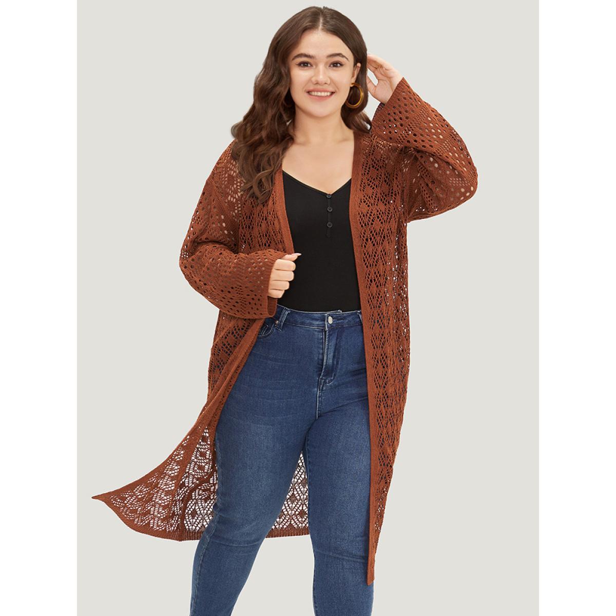 Plus Size Plain Hollow Out Split Side Maxi Cardigan Maroon Women Casual Loose Long Sleeve Dailywear Cardigans BloomChic 26/4X Product Image