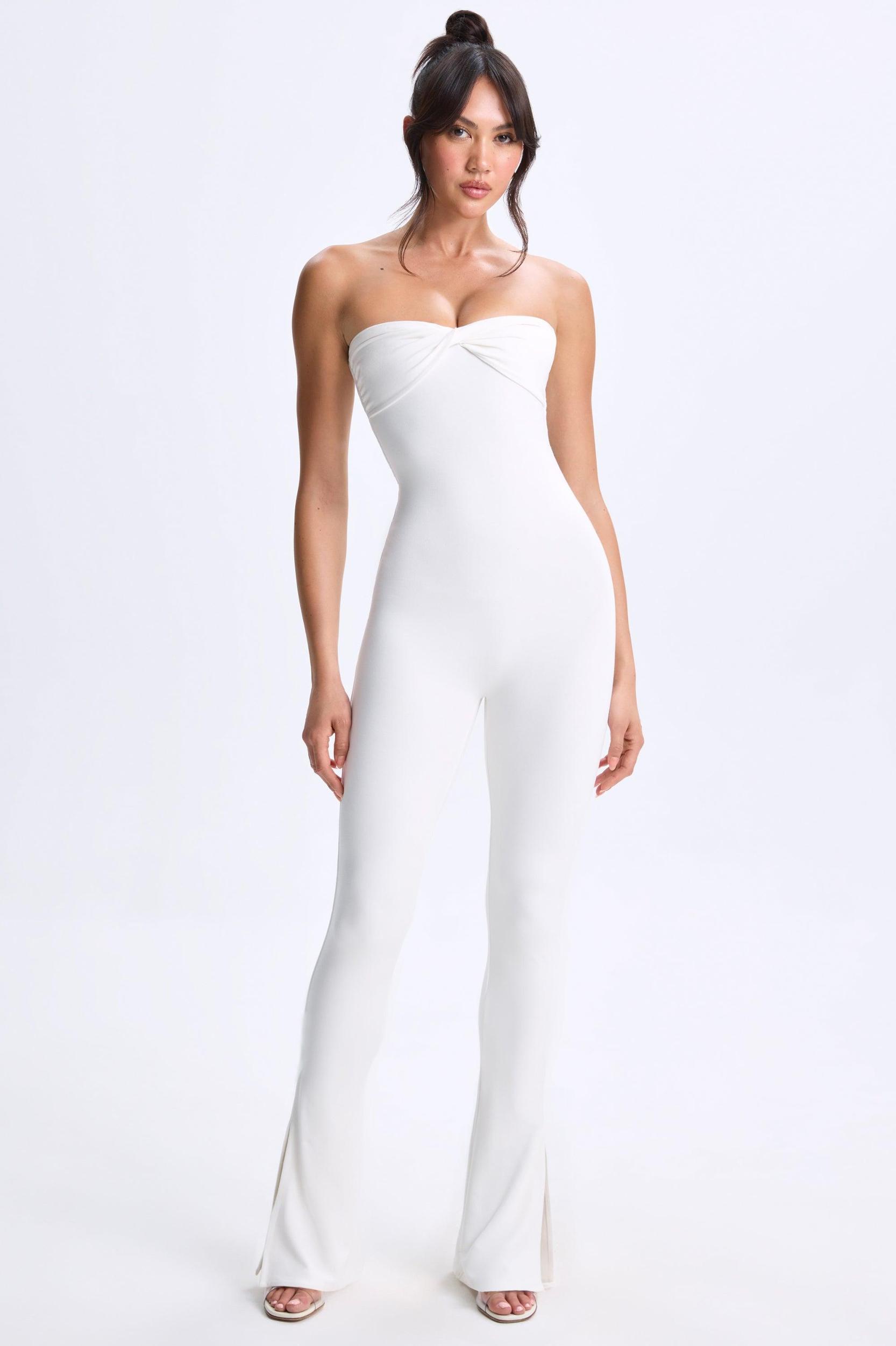 Twist-Front Split Hem Flared Jumpsuit in White Product Image