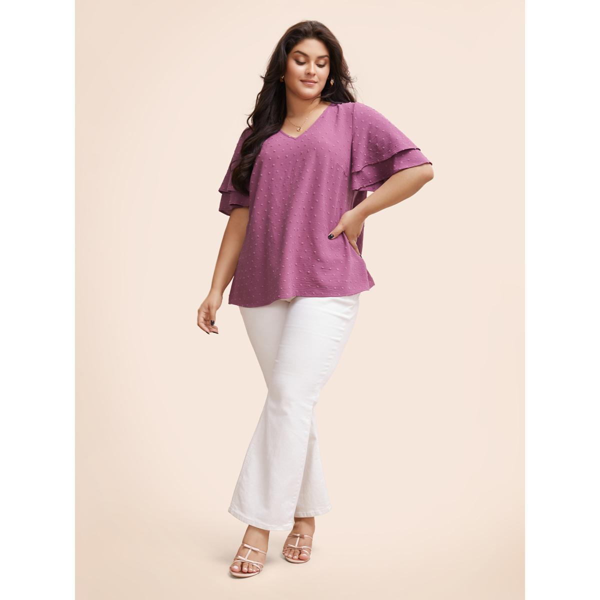Plus Size Purple Plain Ruffle Tiered Sleeve V Neck Polka Dot Blouse Women Elegant Short sleeve V-neck Everyday Blouses BloomChic 10/M Product Image