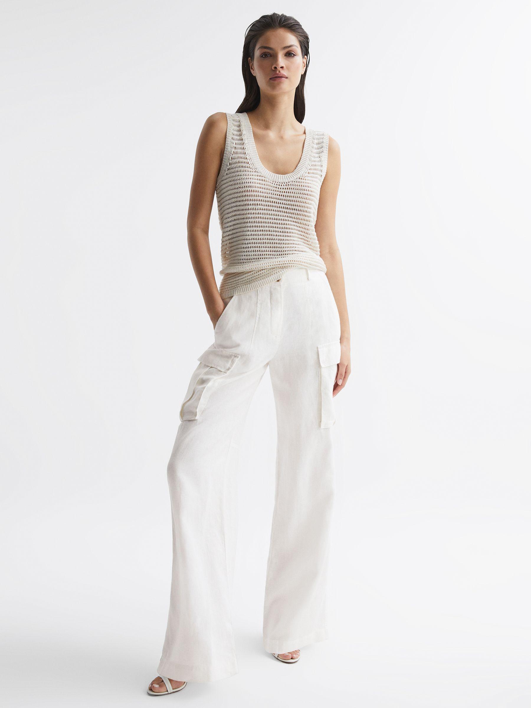 Linen Wide Leg Trousers in White Product Image