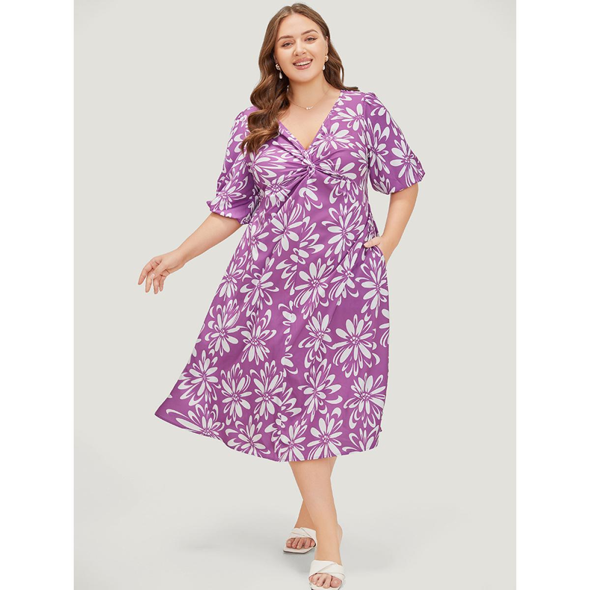 Plus Size Floral Print Puff Sleeve Pocket Twist Front Dress Lilac Women Elegant V-neck Short sleeve Curvy Midi Dress BloomChic 14-16/1X Product Image