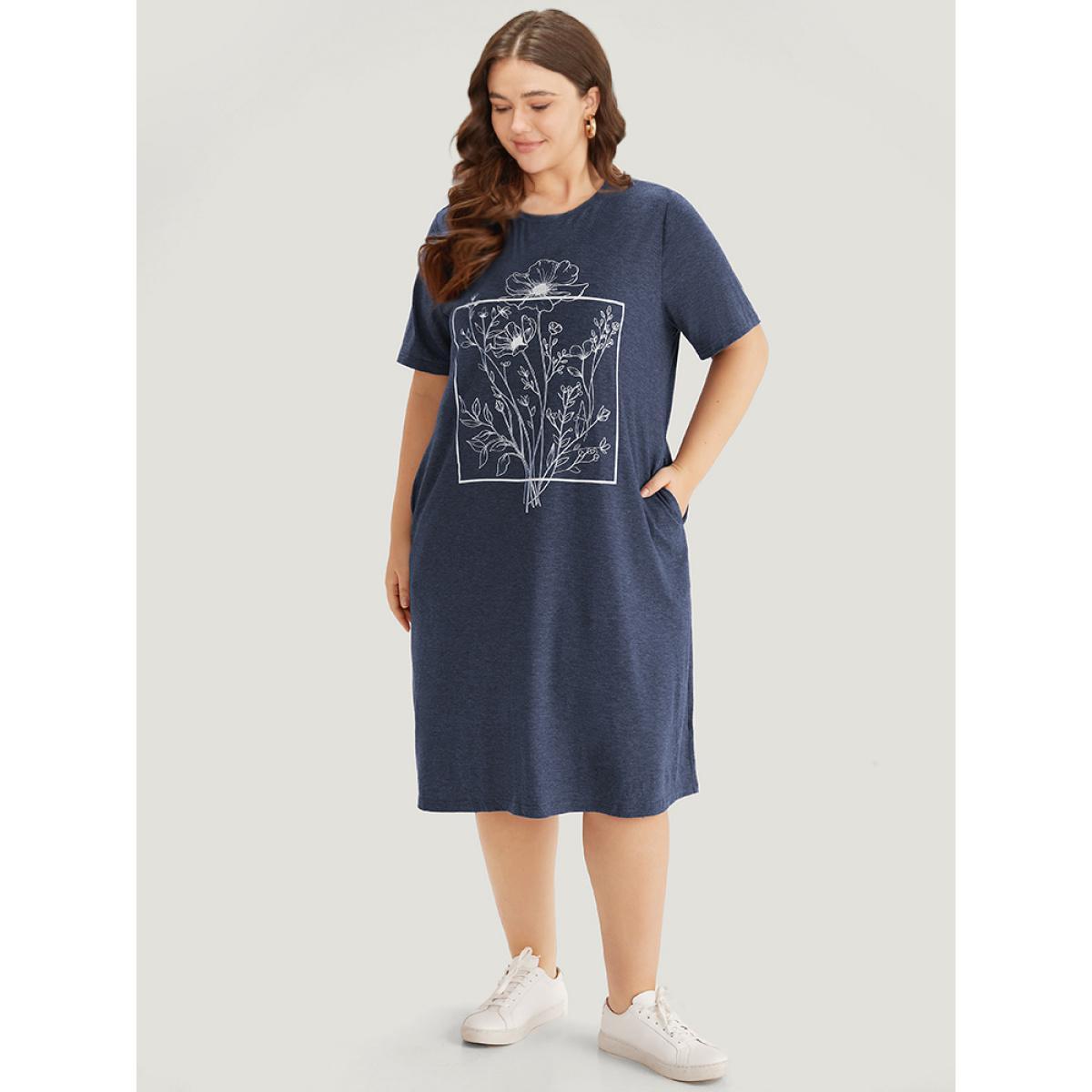 Plus Size Supersoft Essentials Floral Print Pocket Round Neck Dress Indigo Women Casual Plain Curvy Midi Dress BloomChic 30/6X Product Image