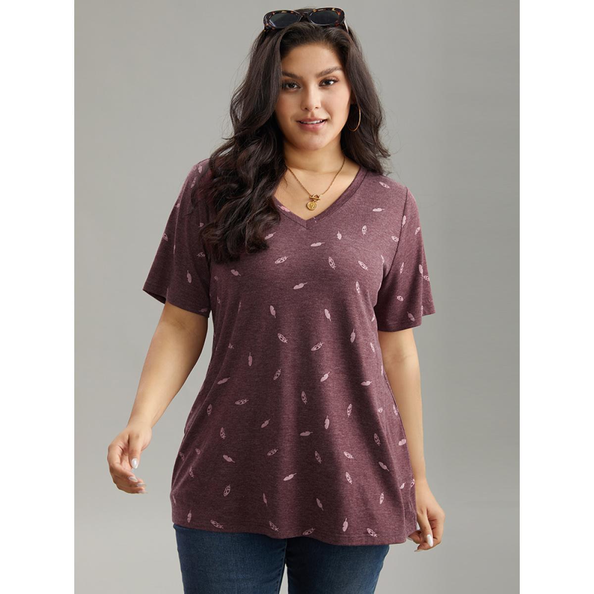 Plus Size Feather Print V Neck T-shirt Scarlet Women Casual Printed Feather V-neck Dailywear T-shirts BloomChic 22-24/3X Product Image