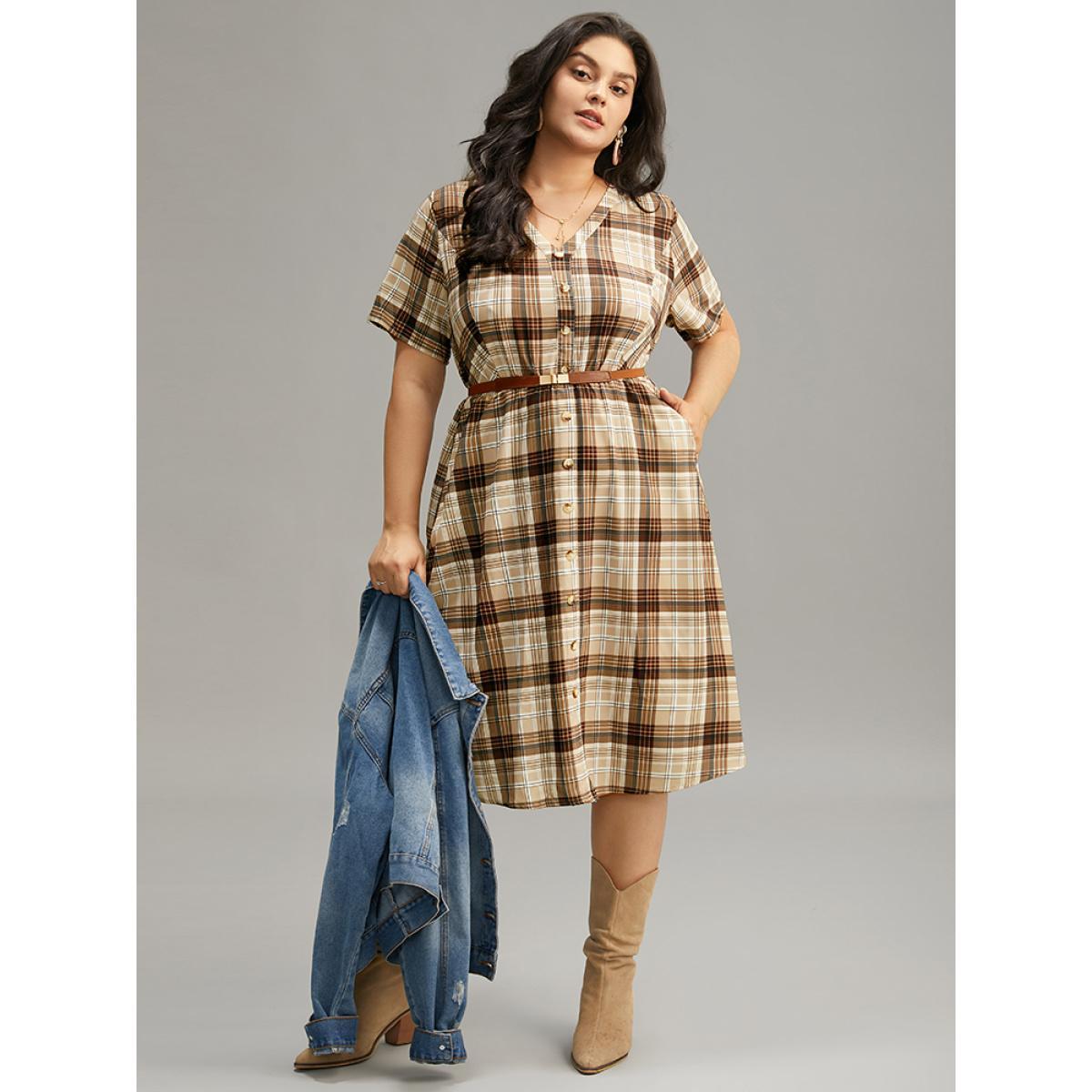 Plus Size Plaid Pocket V Neck Button Detail Dress Tan Women Casual Button V-neck Short sleeve Curvy Midi Dress BloomChic 26/4X Product Image