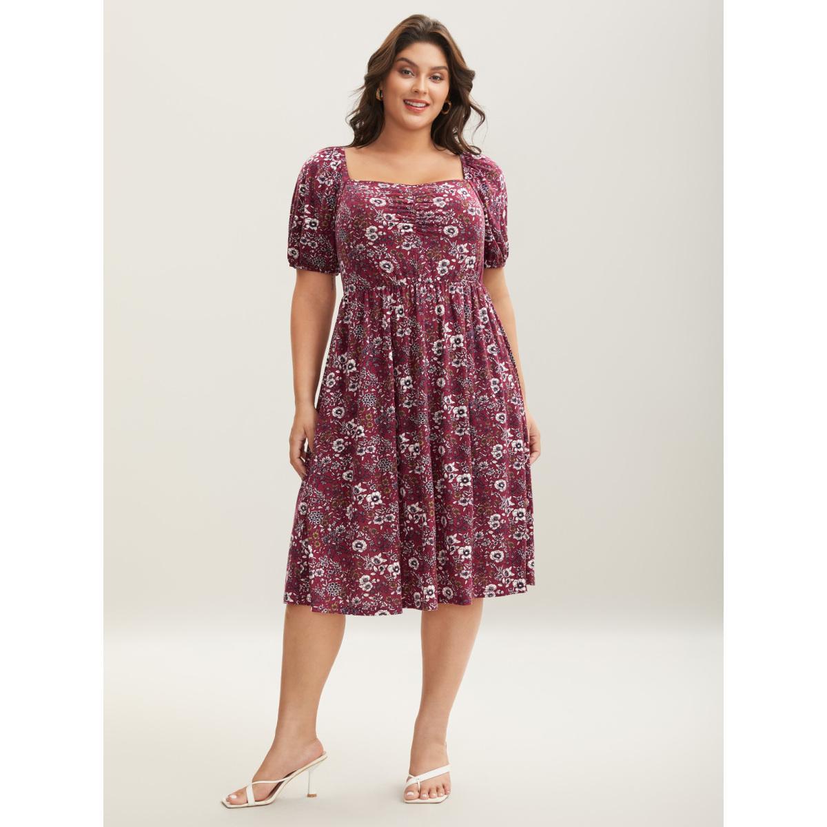 Plus Size Stretchy Ruched Bust Floral Midi Dress Burgundy Women Knit Dresses Bloomchic 30/6X Product Image