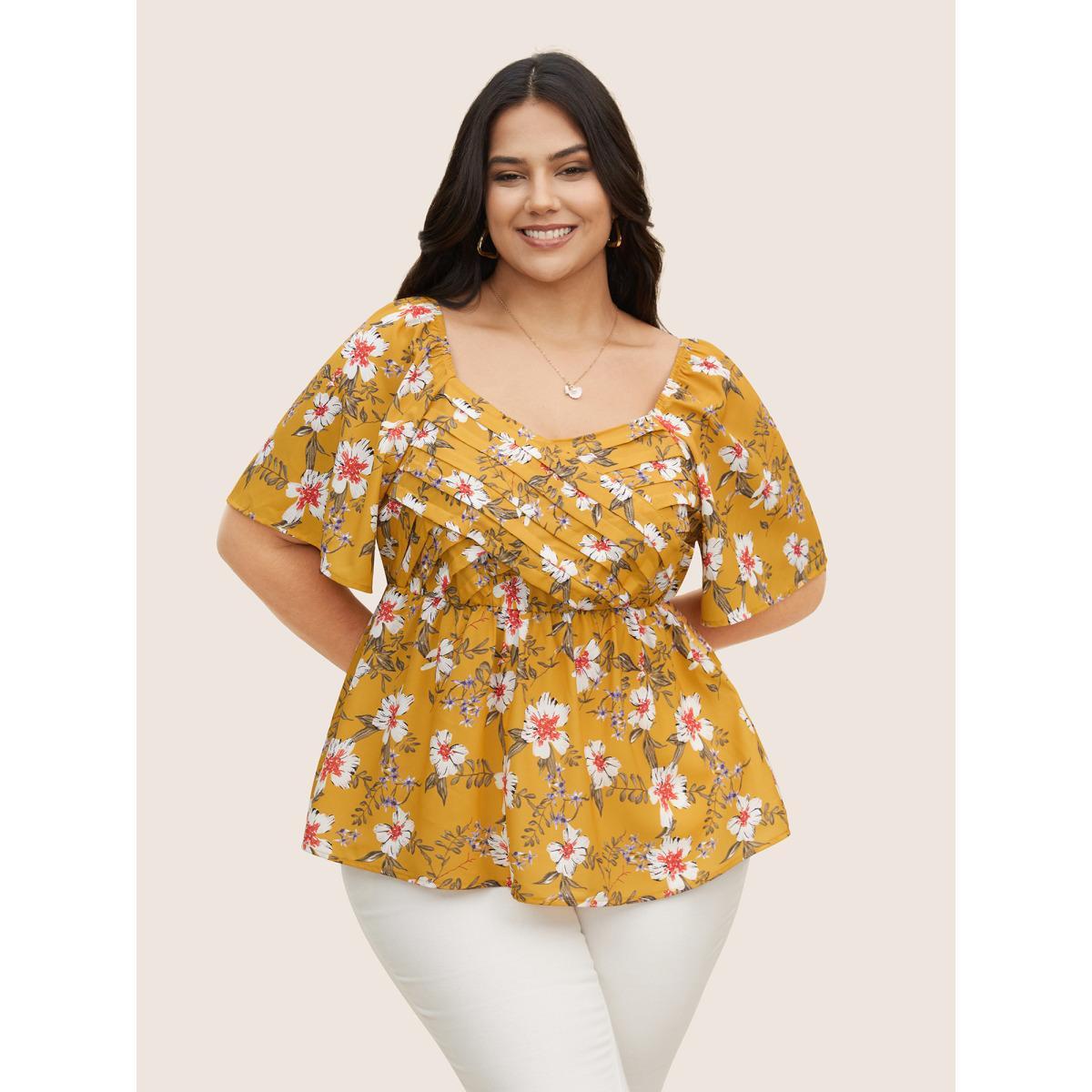 Plus Size Turmeric Heart Neckline Floral Print Pleated Blouse Women Elegant Short sleeve Heart neckline Everyday Blouses BloomChic 30/6X Product Image