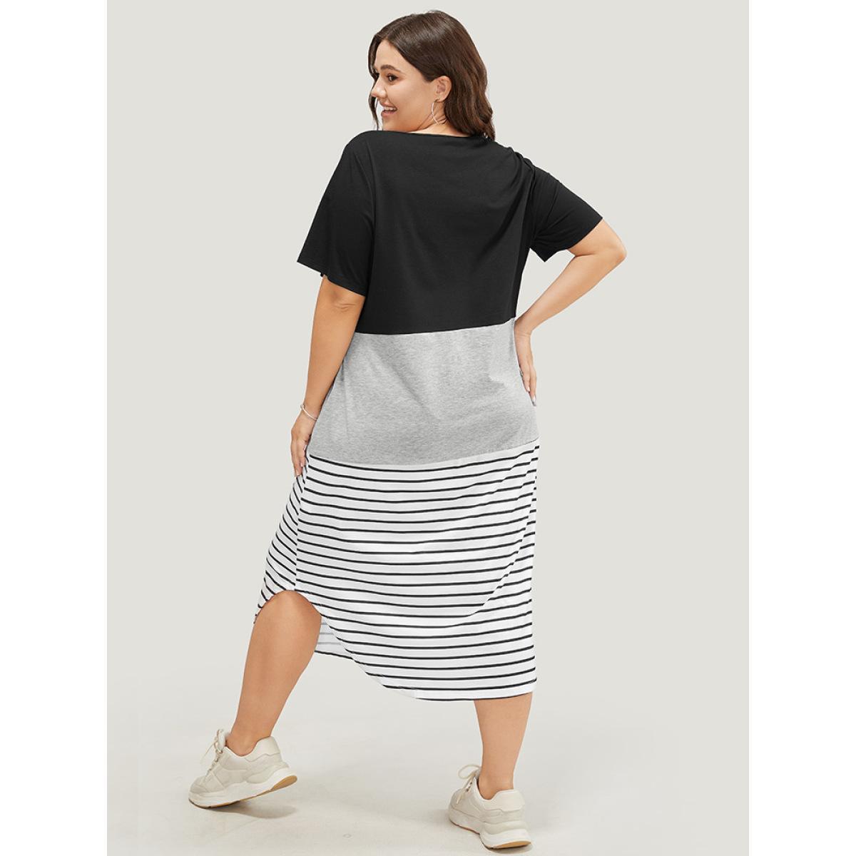 Plus Size Striped Contrast Arc Hem Pocket Crisscross Neck Dress Black Women Casual Contrast V-neck Short sleeve Curvy Midi Dress BloomChic 30/6X Product Image