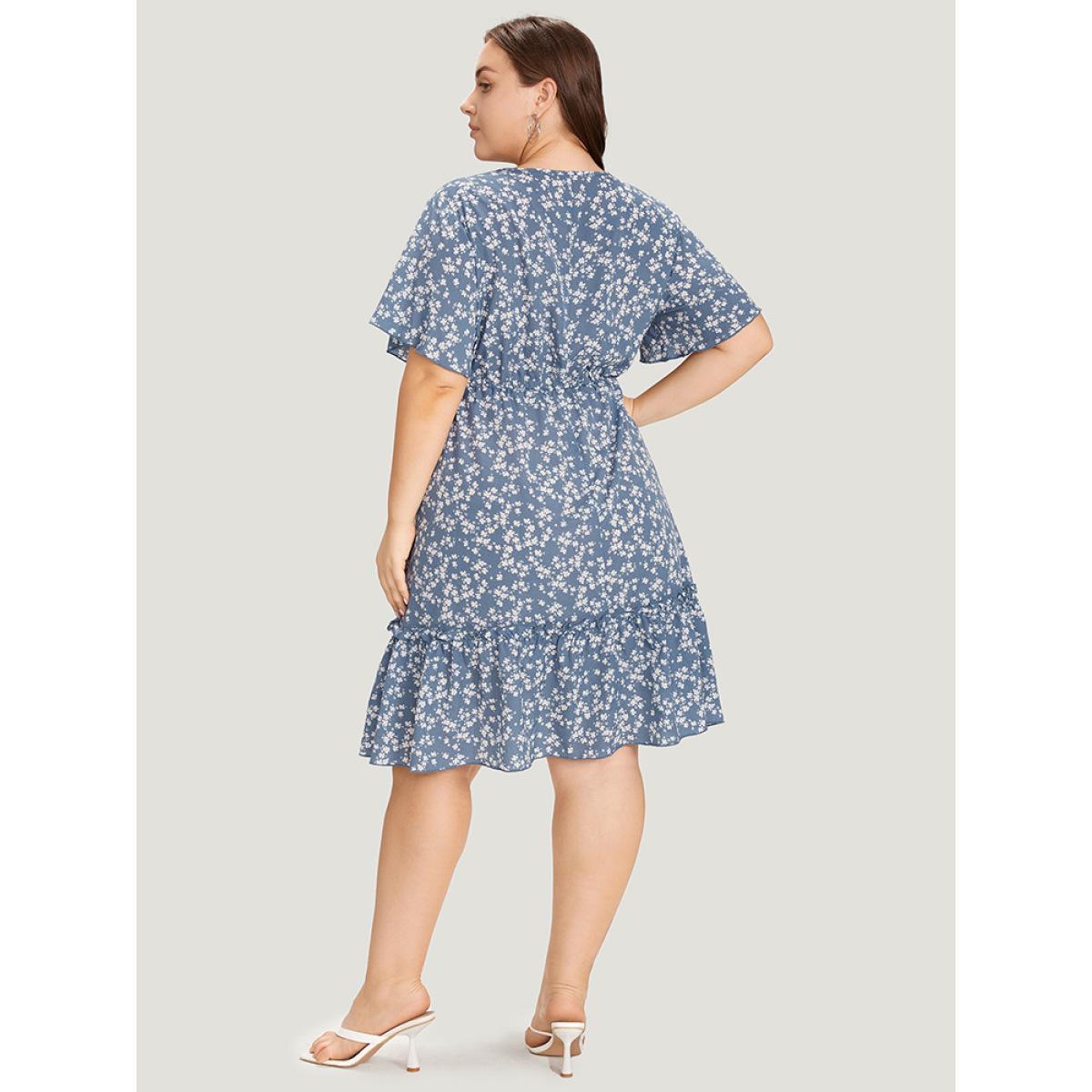 Plus Size Ditsy Floral Elastic Waist Button Detail Pocket Ruffles Dress LightBlue Women Elegant V-neck Short sleeve Curvy Midi Dress BloomChic 14-16/1X Product Image
