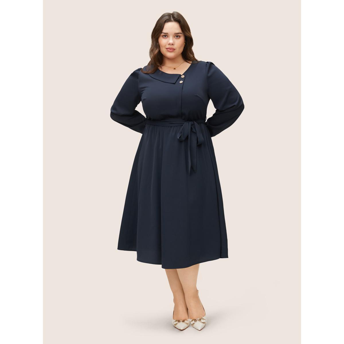 Plus Size Anti-Wrinkle Asymmetrical Neck Button Detail Dress Indigo Women At the Office Non Asymmetrical Neck Long Sleeve Curvy Midi Dress BloomChic 28/5X Product Image