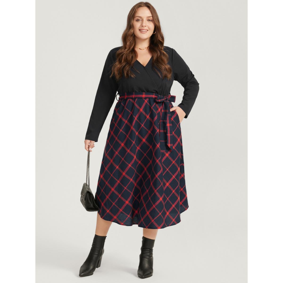 Plus Size Plaid Patchwork Pocket Belted Surplice Neck Dress Scarlet Women Elegant Belted V-neck Long Sleeve Curvy Midi Dress BloomChic 10/M Product Image