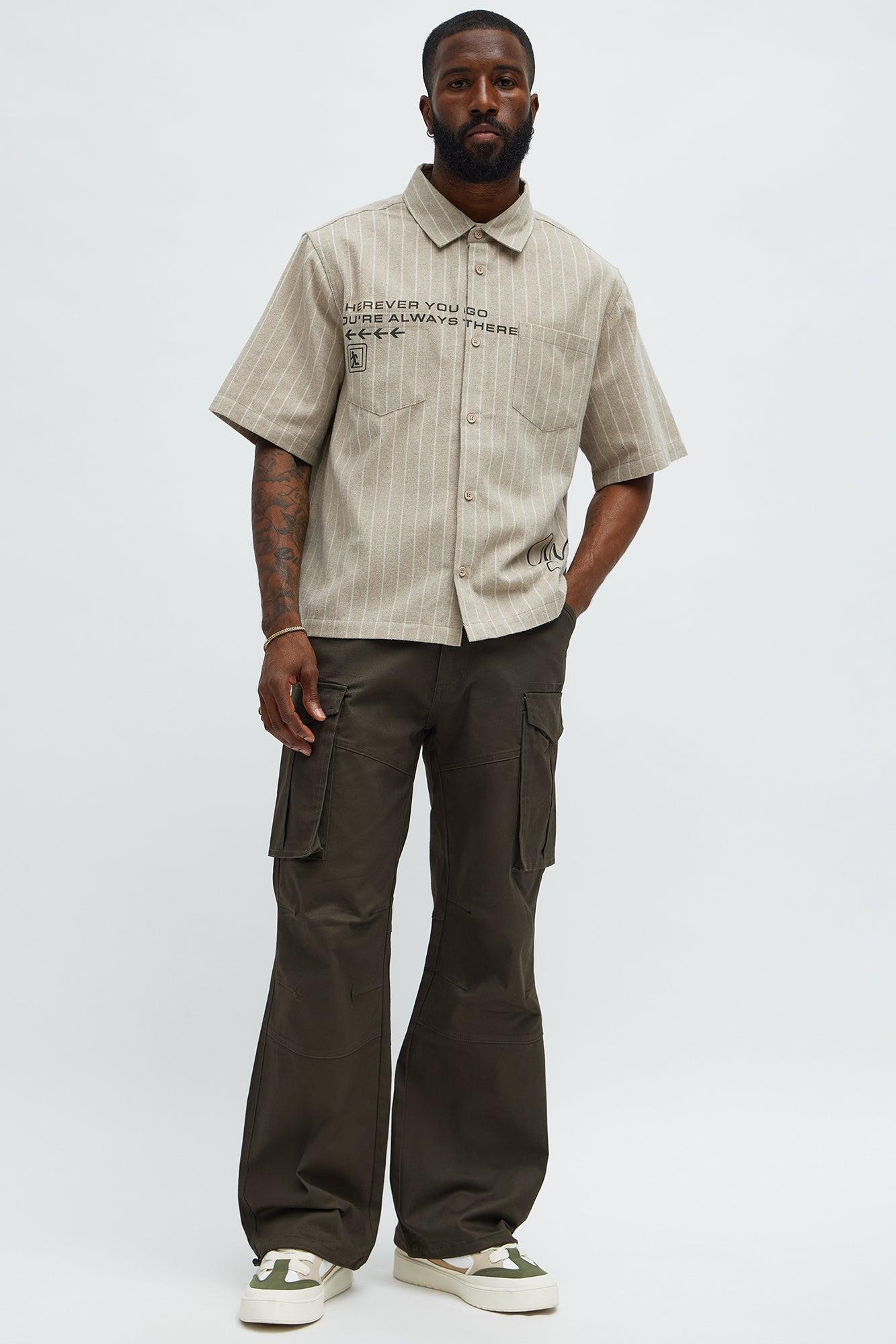 Worldwide Striped Cropped Button Up Shirt - Stone Product Image