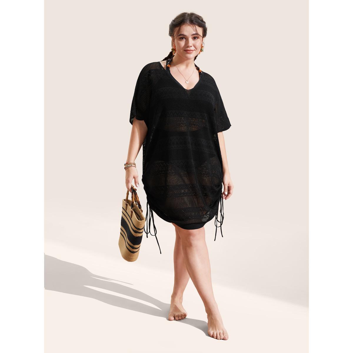 Plus Size Deep V Neck Cut Out Drawstring Swim Cover Up Women's Swimwear Black Beach Loose Cut-Out Curve Swim Cover Ups BloomChic 26/4X Product Image