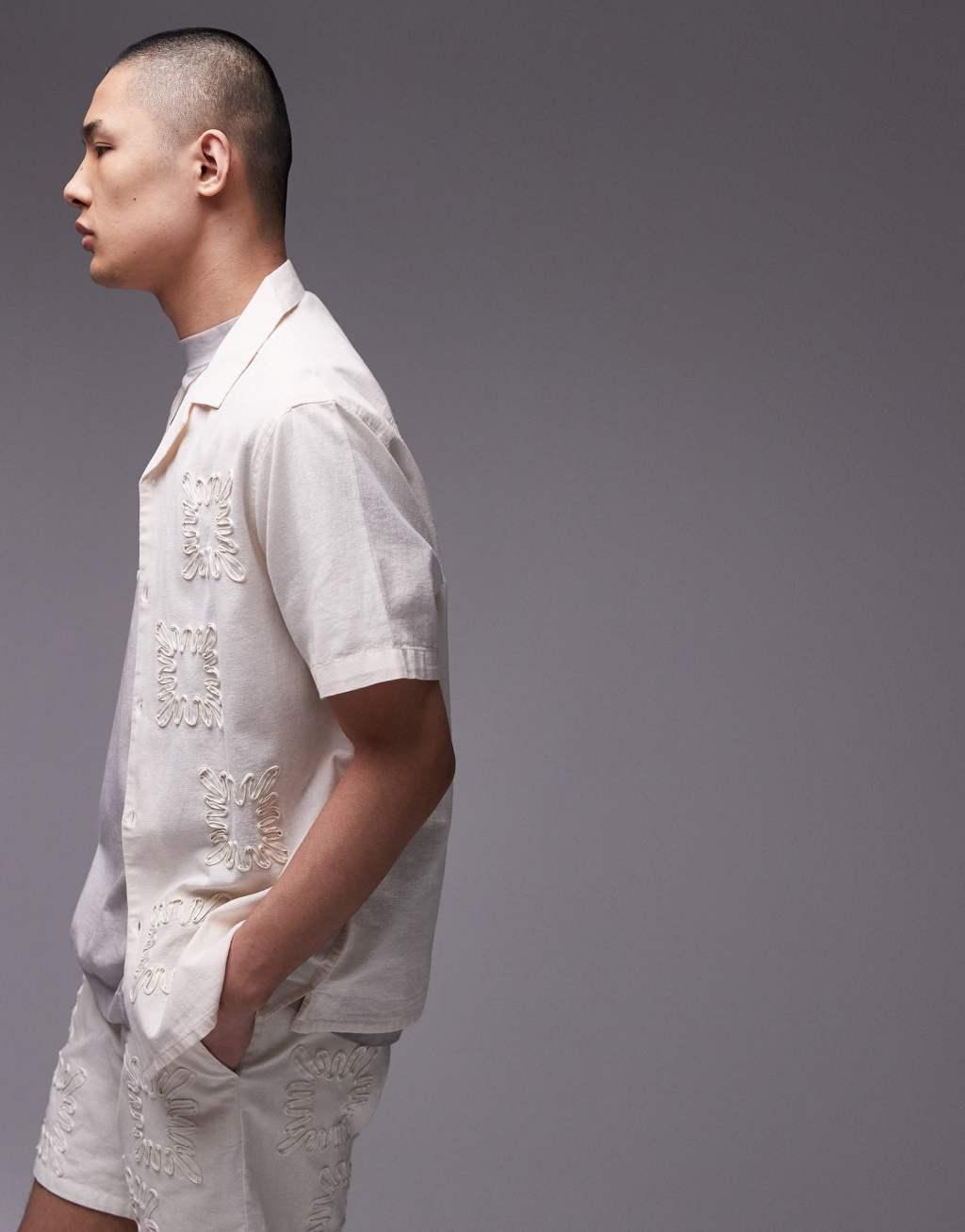 Topman short sleeve regular fit embroidered shirt set in off white Product Image
