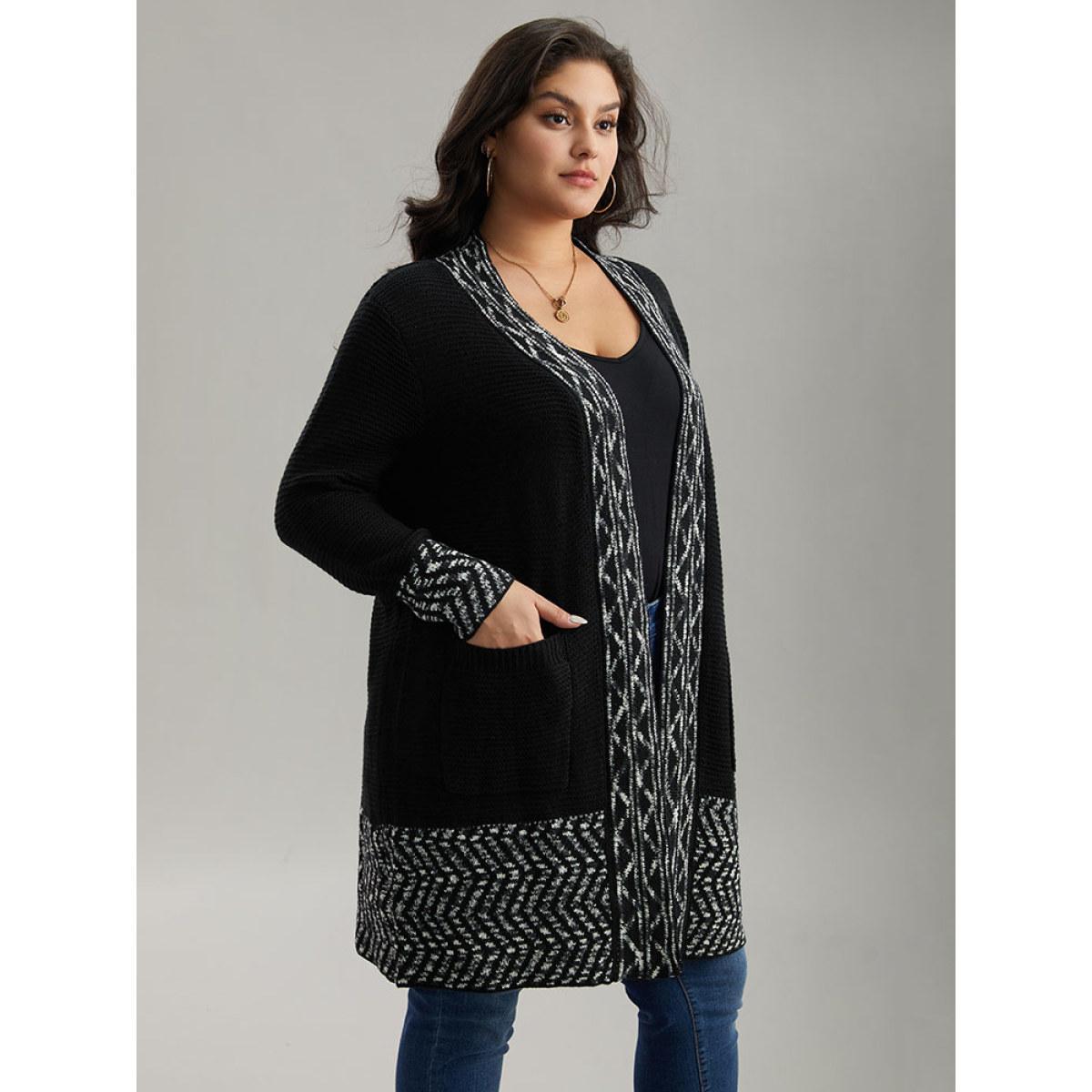 Plus Size Bandana Trim Patched Pocket Cardigan Black Women Casual Loose Long Sleeve Everyday Cardigans BloomChic 30/6X Product Image