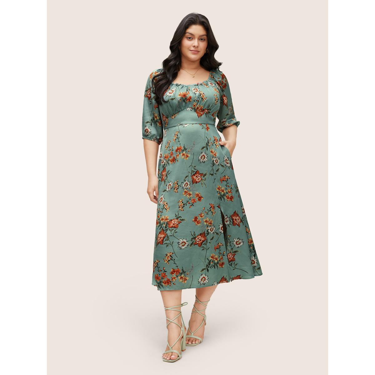 Plus Size Floral Elastic Waist Gathered Split Front Dress Mint Women Elegant Non Square Neck Elbow-length sleeve Curvy Midi Dress BloomChic 10/M Product Image