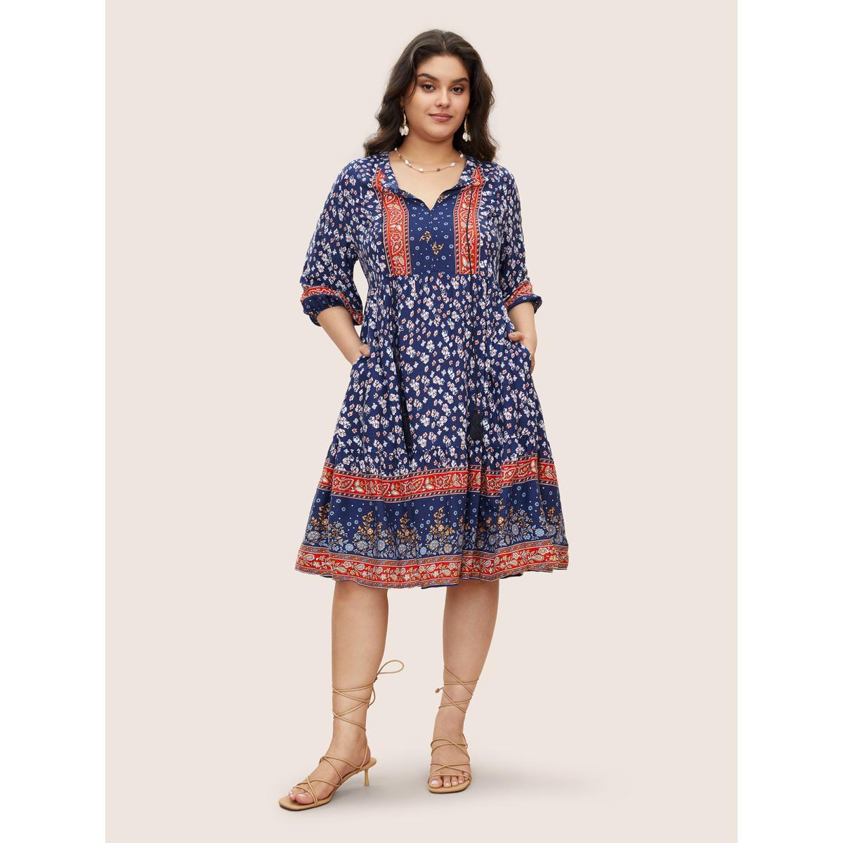 Plus Size Bandana Tassels Lantern Sleeve Ruffle Pocket Keyhole Neck Dress Blue Women Resort V-neck Elbow-length sleeve Curvy Midi Dress BloomChic 10/M Product Image