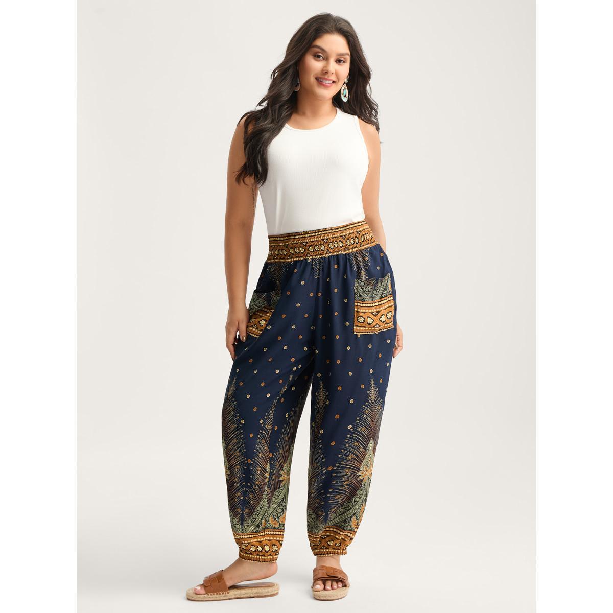 Plus Size Peacock Print Shirred Jogger Pants Women Indigo Resort Mid Rise Vacation Pants BloomChic 14-16/1X Product Image