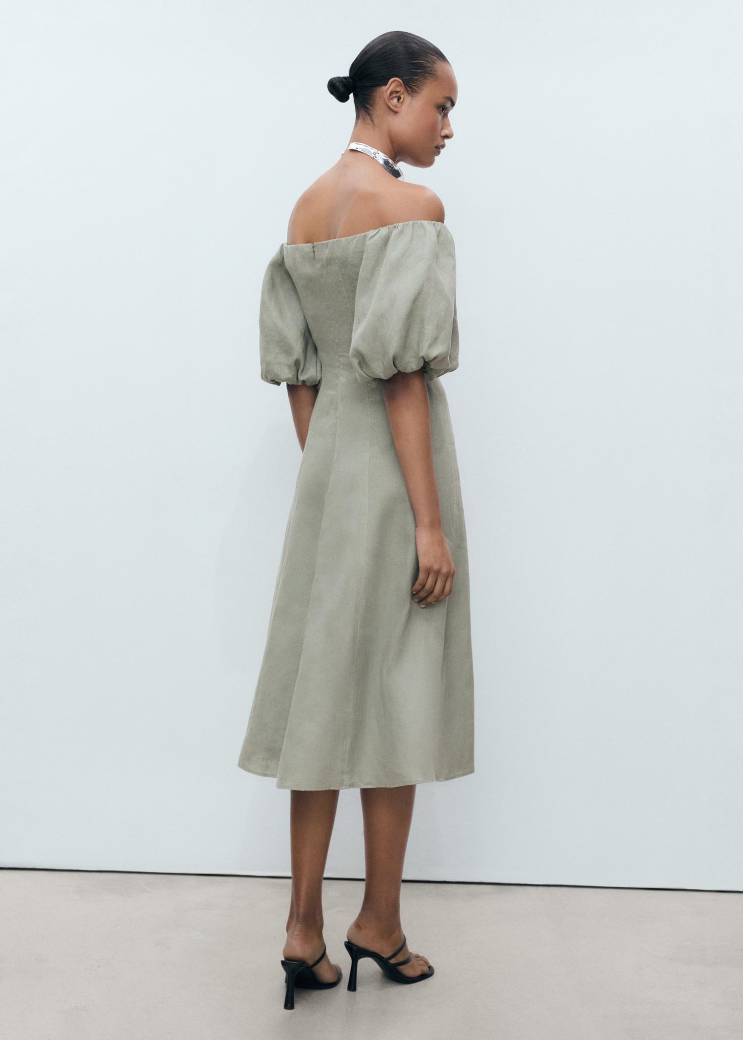 Puffed-sleeve linen dress - Women | MANGO USA Product Image