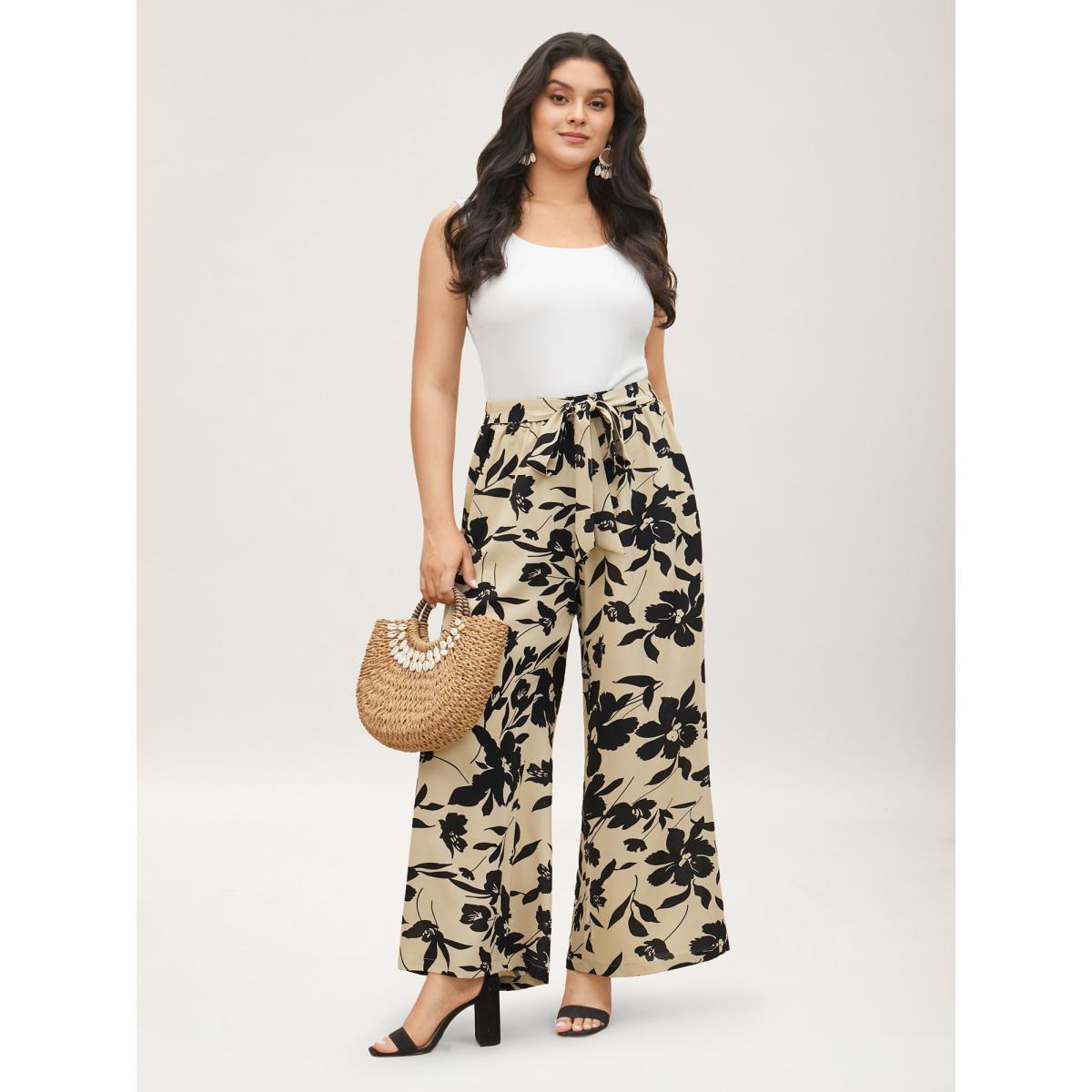 Plus Size Silhouette Floral Print Ties Side Seam Pocket Pants Women Champagne Elegant Wide Leg High Rise Everyday Pants BloomChic 28/5X Product Image