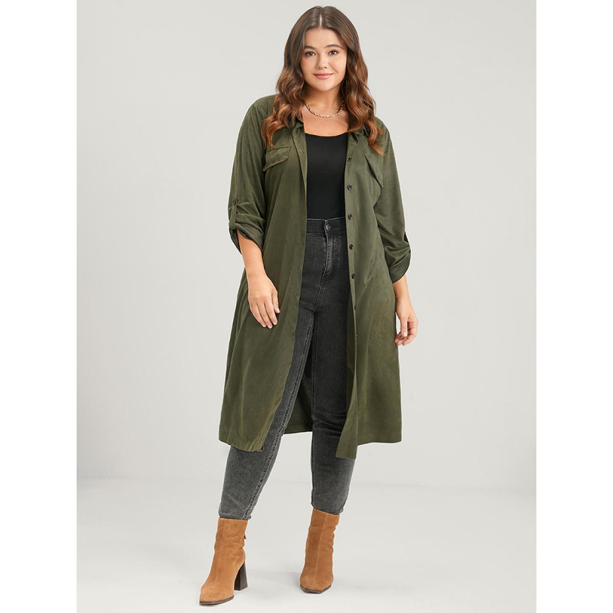 Plus Size Solid Cuffed Sleeve Pocket Button Down Belted Coat Women ArmyGreen Casual Belted Ladies Dailywear Winter Coats BloomChic 12/L Product Image