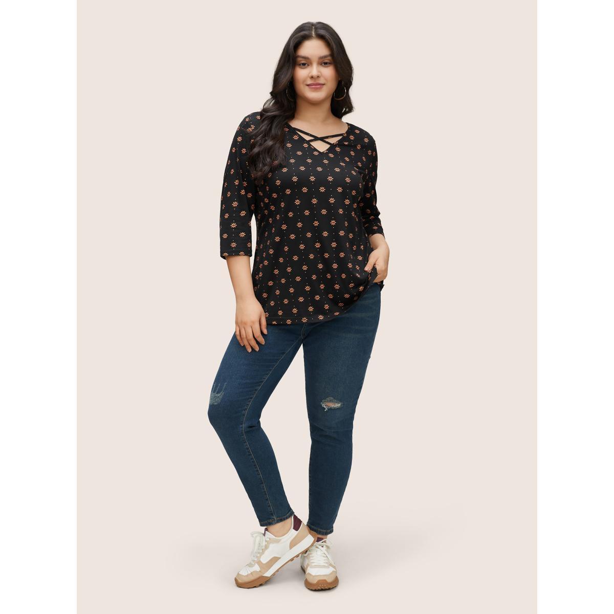 Plus Size Ditsy Floral Print Crisscross Neck T-shirt BlackFlower Women Casual Cross straps Ditsy Floral V-neck Everyday T-shirts BloomChic 14-16/1X Product Image