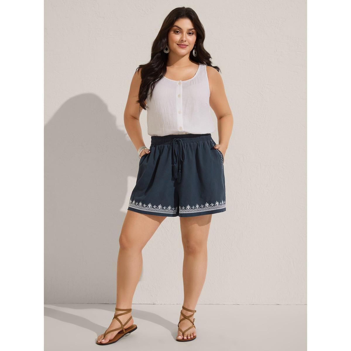 Plus Size Cotton Embroidered Hem Wide-Leg Solid Shorts Women Midnight Resort Embroidered Wide Leg Vacation Shorts BloomChic 22-24/3X Product Image