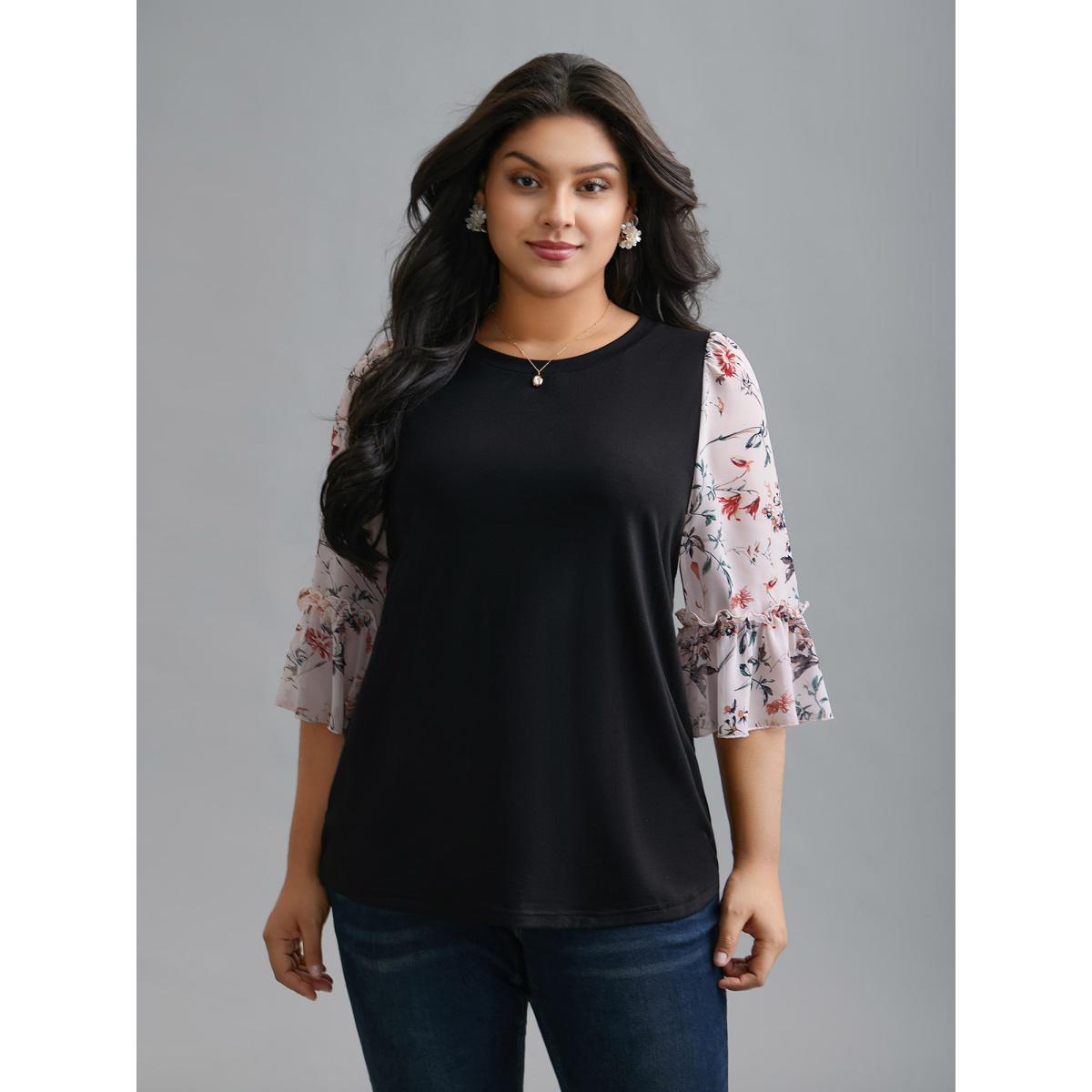 Plus Size Floral Print Patchwork Ruffle Sleeve T-Shirt Black Women Elegant Contrast Round Neck Everyday T-shirts BloomChic 26/4X Product Image