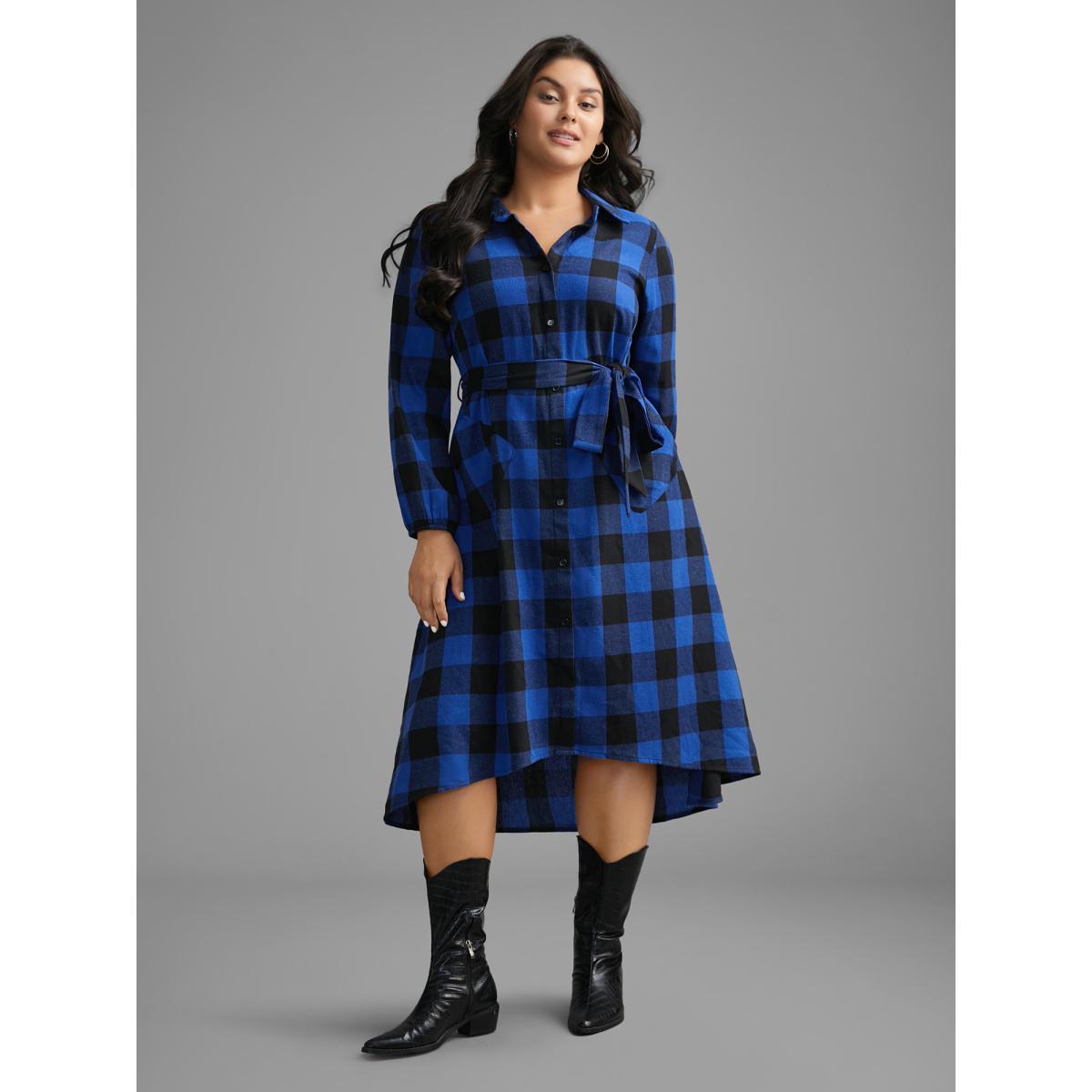 Plus Size Plaid Patch Pocket Belted Midi Dress DarkBlue Women Casual Belted Shirt collar Long Sleeve Curvy BloomChic 26/4X Product Image