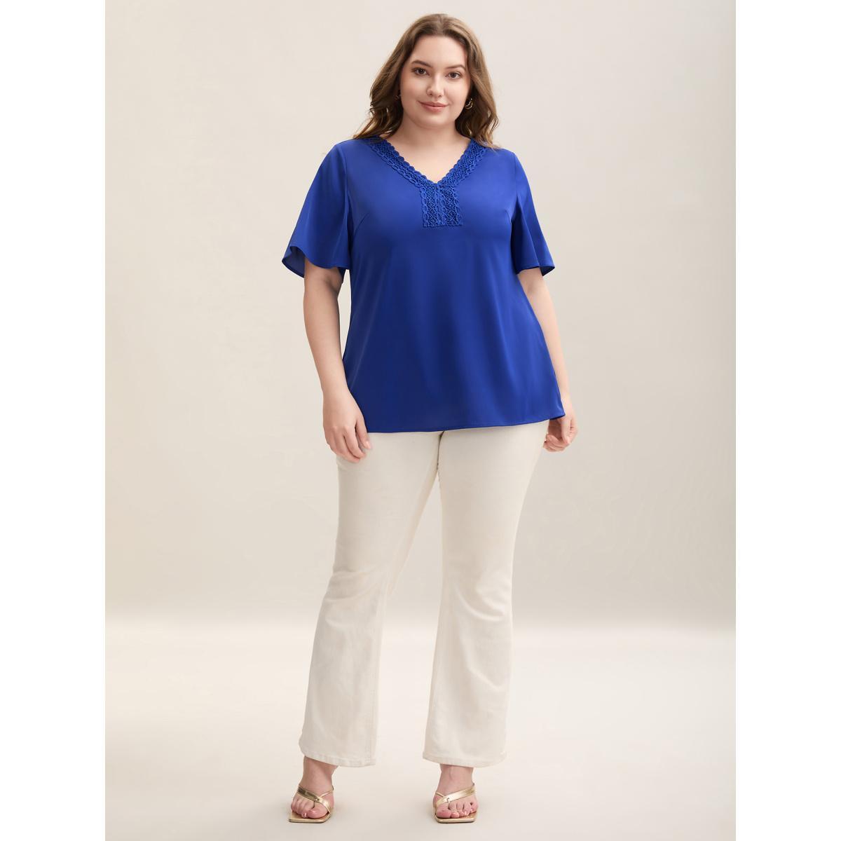 Plus Size DarkBlue Lace V-Neck Lotus Leaf Sleeve Plain Blouse Women Elegant Short sleeve V-neck Everyday Blouses BloomChic 26/4X Product Image