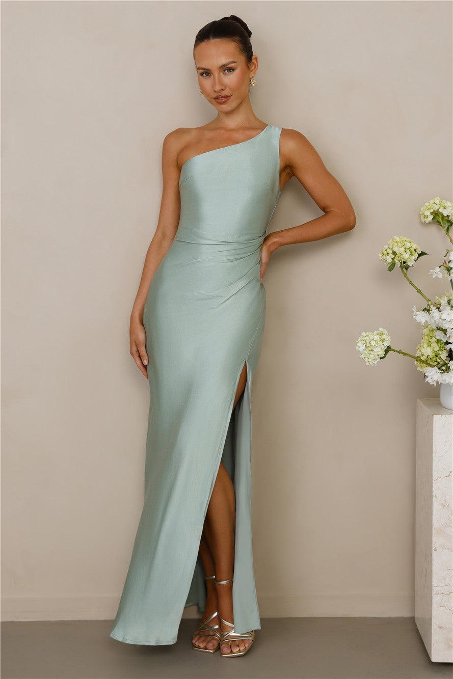 The Aurora One Shoulder Satin Maxi Dress Sage Product Image