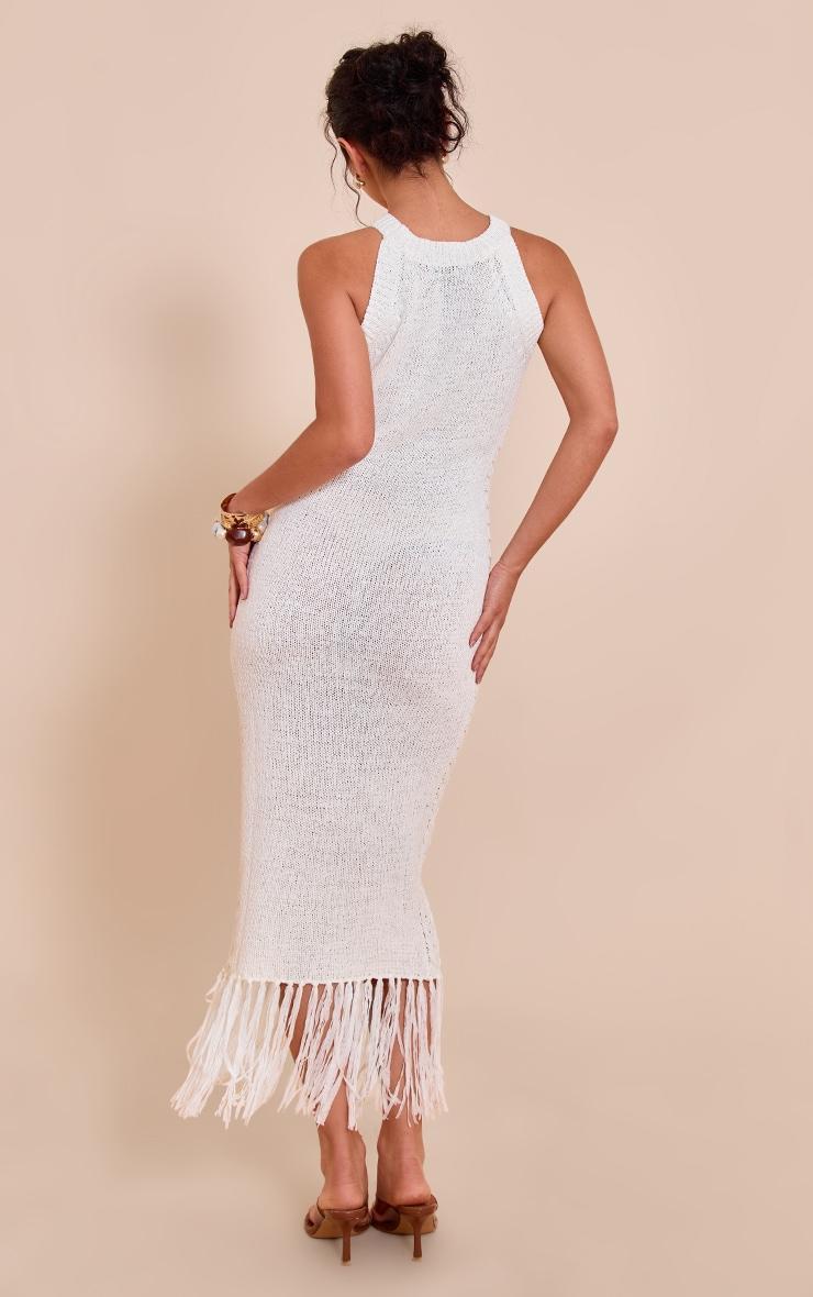 White High Neck Maxi Fringe Knit Dress Product Image