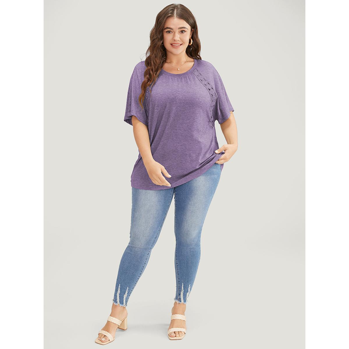 Plus Size Solid Contrast Lace Ruffle Sleeve T-shirt Mauve Women Elegant Lace Plain Round Neck Everyday T-shirts BloomChic 30/6X Product Image