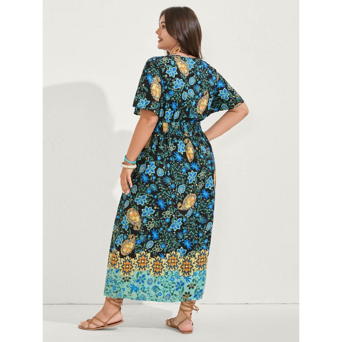 Plus Size Rayon Paisley Print Shirred Midi Dress Black Women V-neck Short sleeve Curvy BloomChic 18-20/2X Product Image