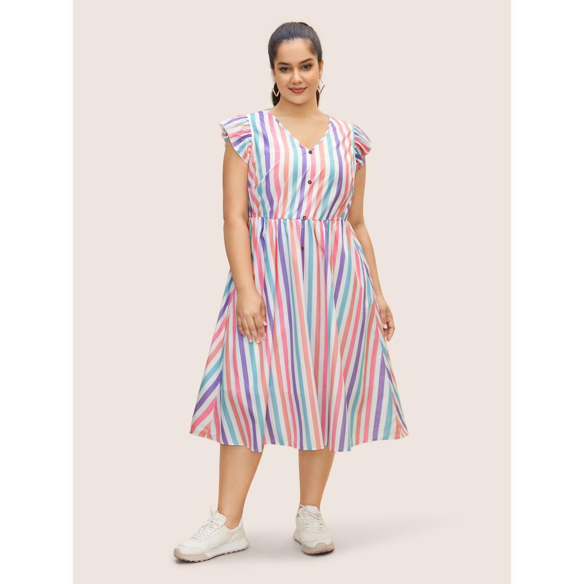 Plus Size Striped Ruffle Cap Sleeve Button Detail Dress Multicolor Women Casual Button V-neck Cap Sleeve Curvy BloomChic 18-20/2X Product Image