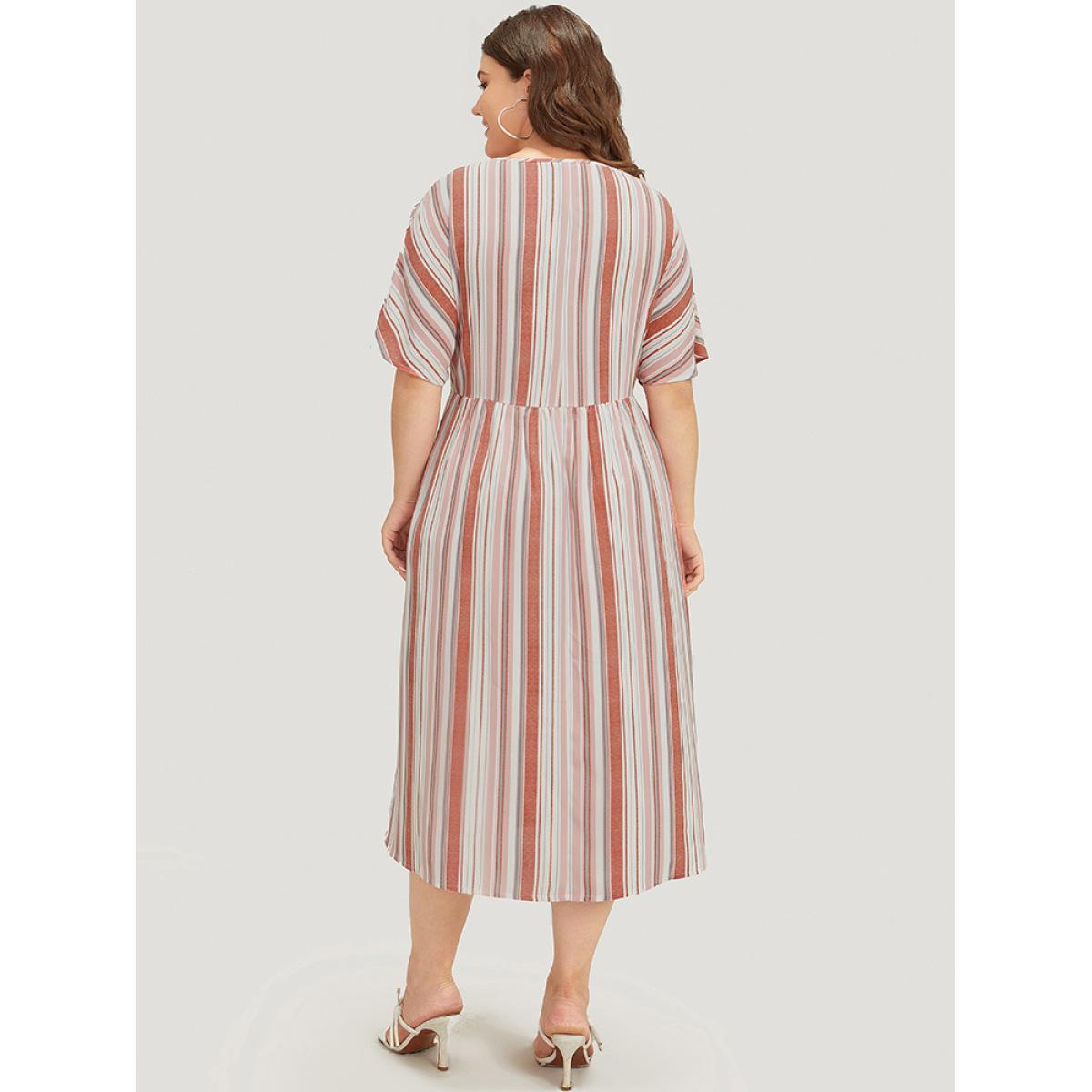 Plus Size Striped Contrast Pocket Lace Batwing Sleeve Midi Dress Crepe Women Vacation Patchwork V-neck Short sleeve Curvy Midi Dress BloomChic 12/L Product Image
