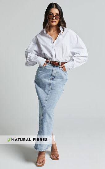 Bailee Midi Skirt - Denim Column Back Split Skirt in Light Blue Wash Product Image