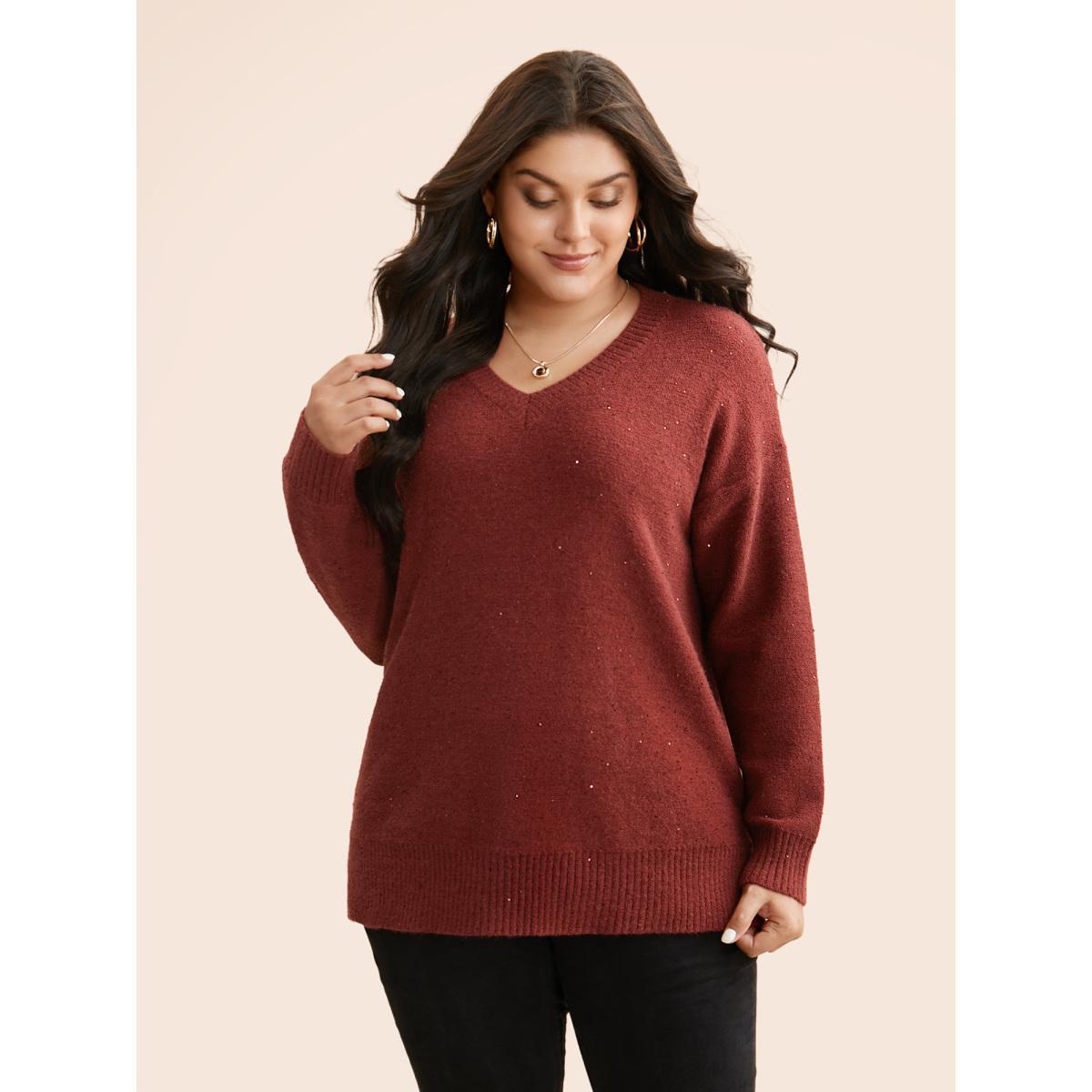 Plus Size V Neck Glitter Dropped Shoulder Split Hem Pullover Deepred Women Casual Loose Long Sleeve V-neck Everyday Pullovers BloomChic 28/5X Product Image