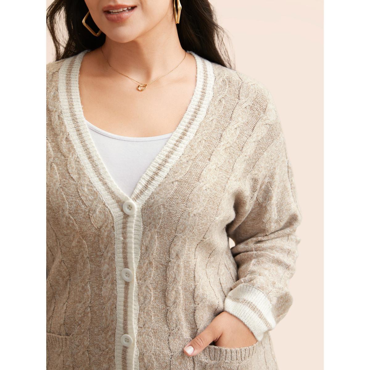 Plus Size Contrast Trim Cable Knit Pocket Cardigan Champagne Women Casual Loose Long Sleeve Everyday Cardigans BloomChic 18-20/2X Product Image