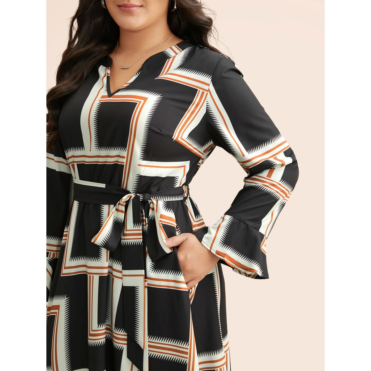 Plus Size Notched Collar Geometric Contrast Belted Dress Indigo Women At the Office Belted Notched collar Long Sleeve Curvy BloomChic 22-24/3X Product Image