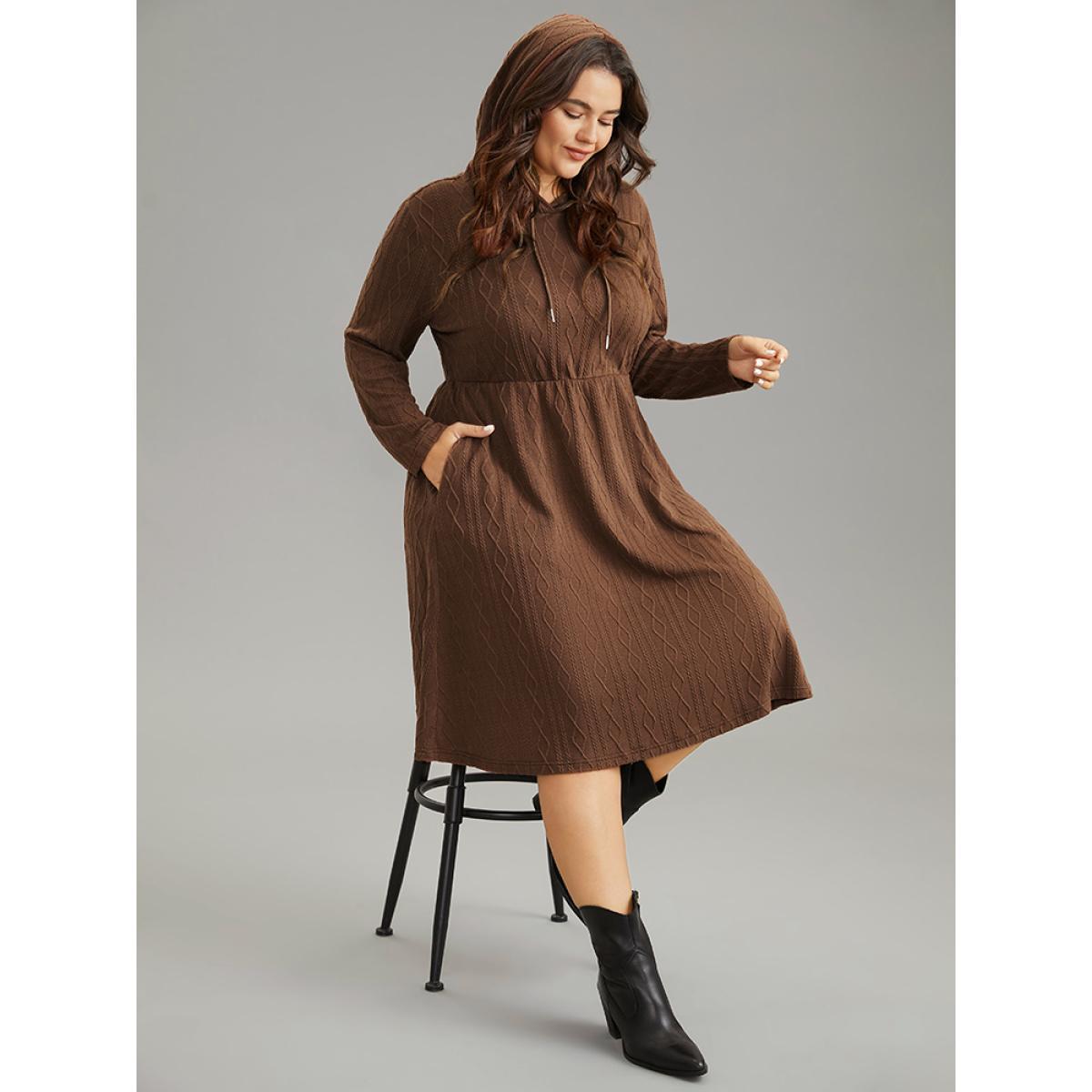 Plus Size Plain Texture Jacquard Hooded Cable Knit Dress Chocolate Women Casual Texture Hooded Long Sleeve Curvy Midi Dress BloomChic 28/5X Product Image
