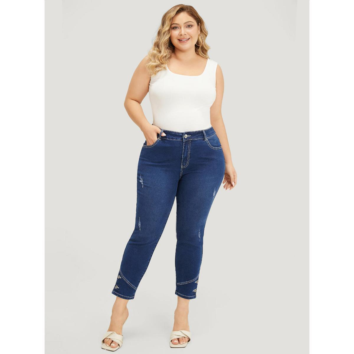 Plus Size Very Stretchy High Rise Dark Wash Button Hem Jeans Women Indigo Casual Plain Button High stretch Jeans BloomChic 30/6X Product Image