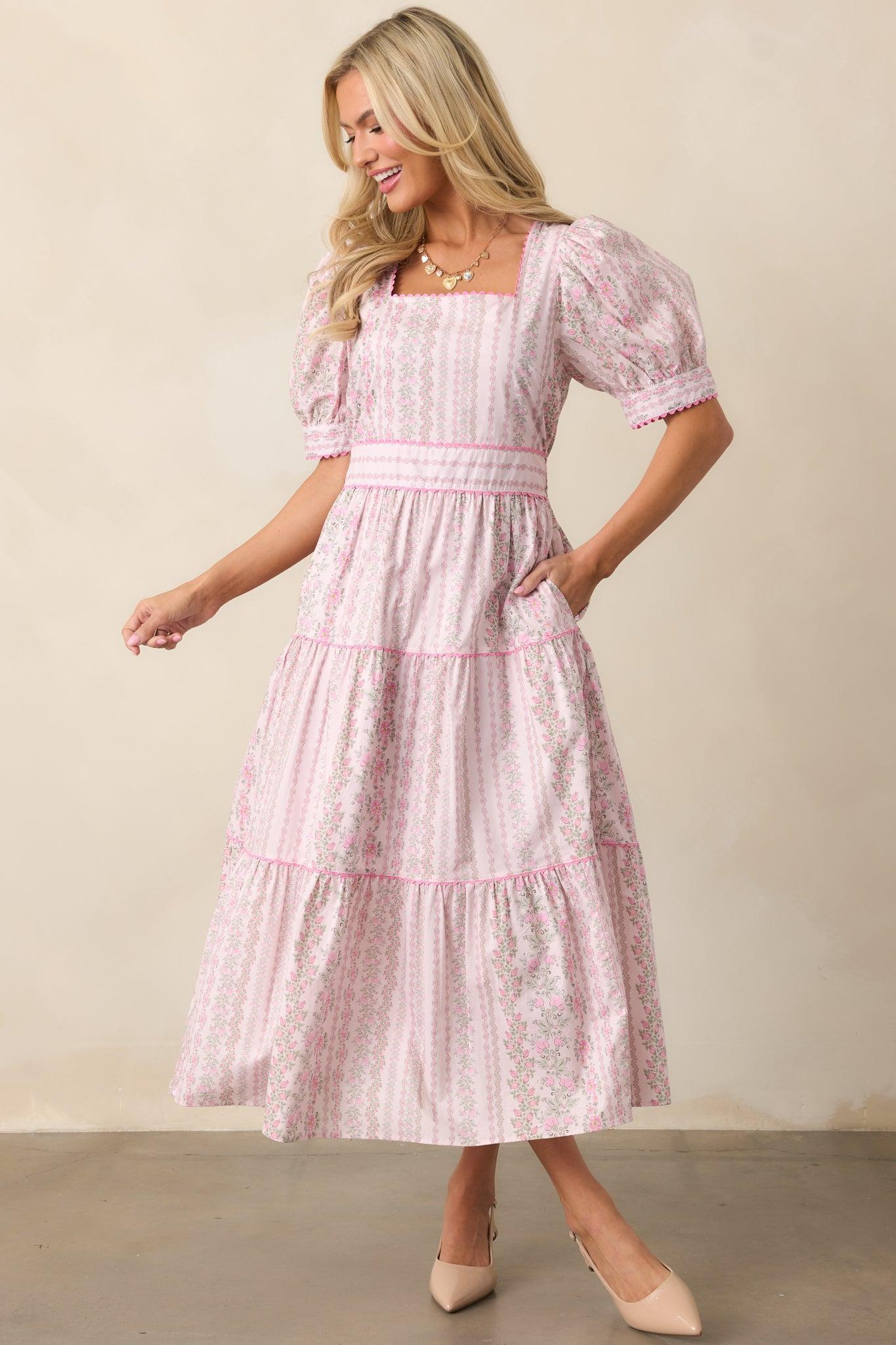 The Wildflower’s Song Cotton Light Pink Floral Midi Dress Product Image