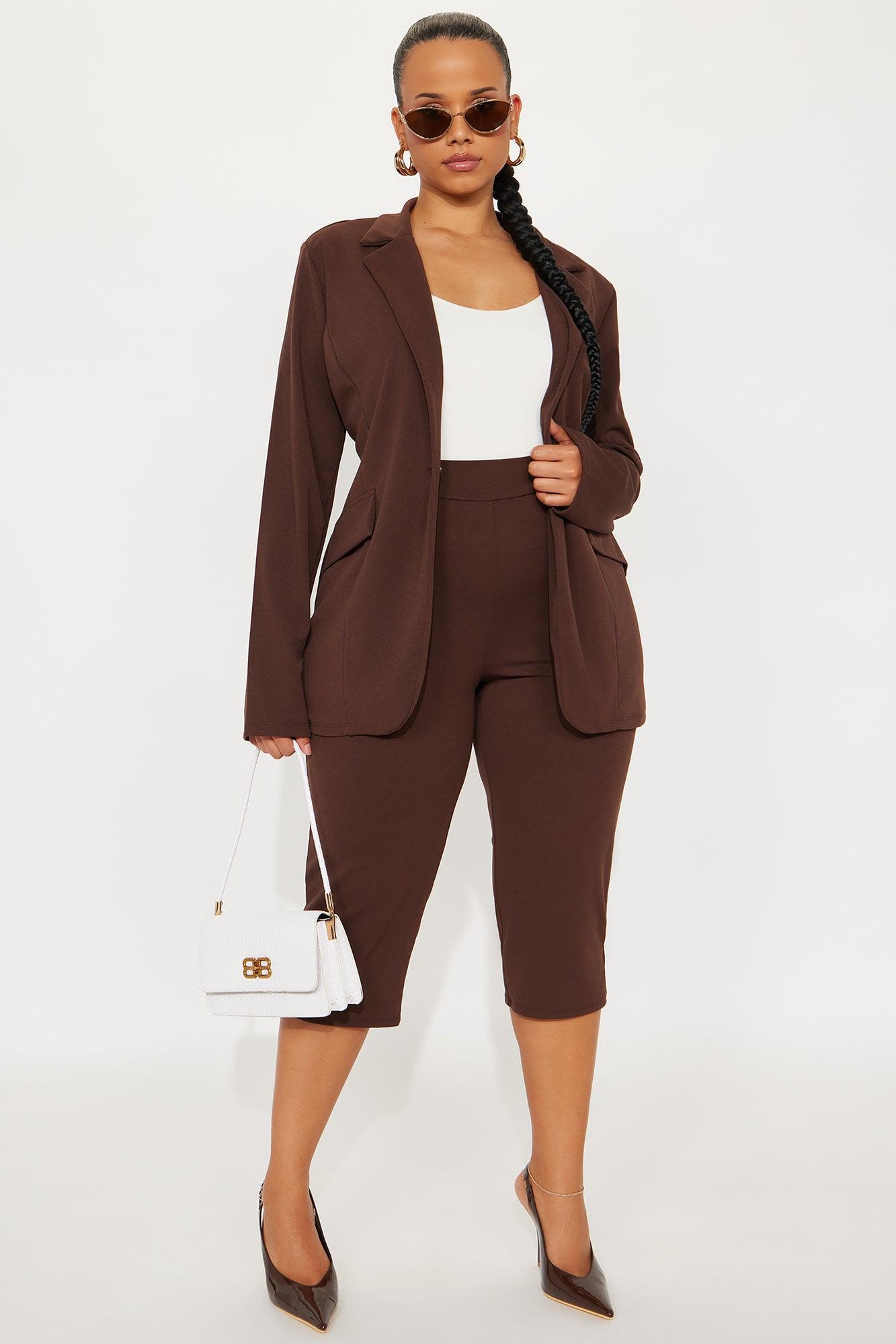 Working It Out Blazer Capri Pant Set - Chocolate Product Image