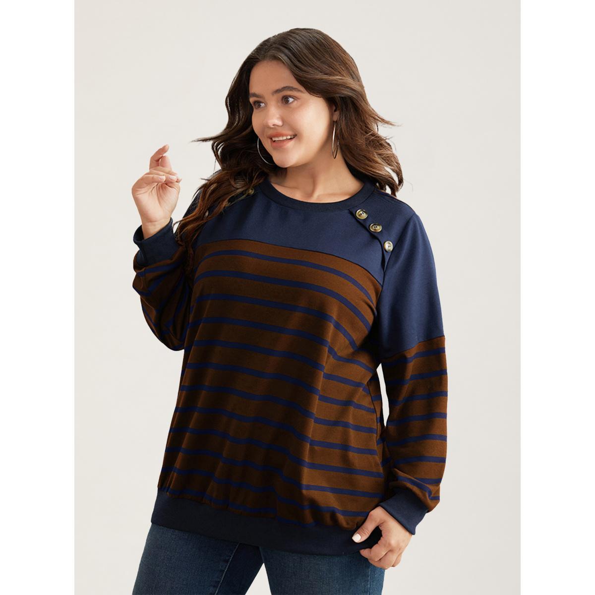 Plus Size Striped Patchwork Button Detail Sweatshirt Women Bronze Casual Non Round Neck Everyday Sweatshirts BloomChic 22-24/3X Product Image
