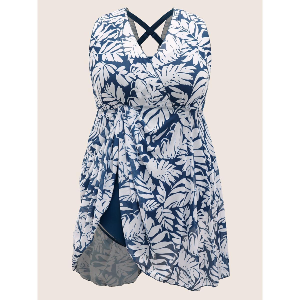 Plus Size Tropical Print V Neck Sleeveless Swim Dress Women's Swimwear Indigo Beach Bodycon V-neck High stretch Curve Swim Dresses BloomChic 26/4X Product Image