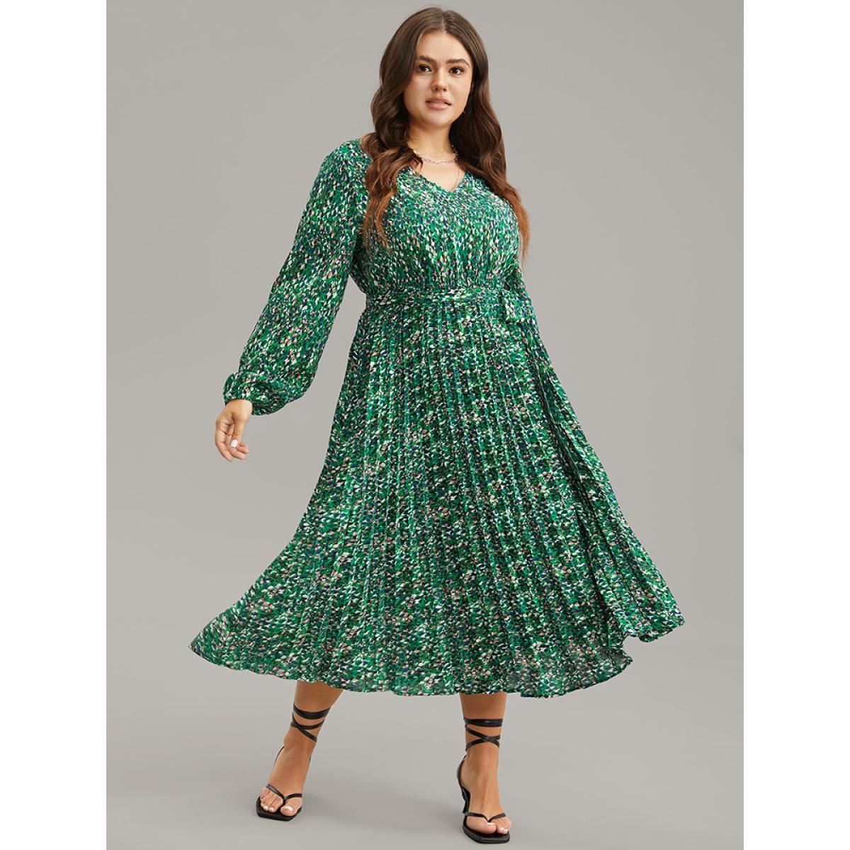 Plus Size Ditsy Floral Belted Pleated Dress Cyan Women Glamour Belted V-neck Long Sleeve Curvy Midi Dress BloomChic 28/5X Product Image
